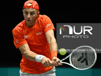 Tallon Griekspoor (NED) is in action during the 2024 Davis Cup Finals Group Stage Bologna match between the Netherlands and Brazil at Unipol...