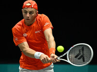 Tallon Griekspoor (NED) is in action during the 2024 Davis Cup Finals Group Stage Bologna match between the Netherlands and Brazil at Unipol...