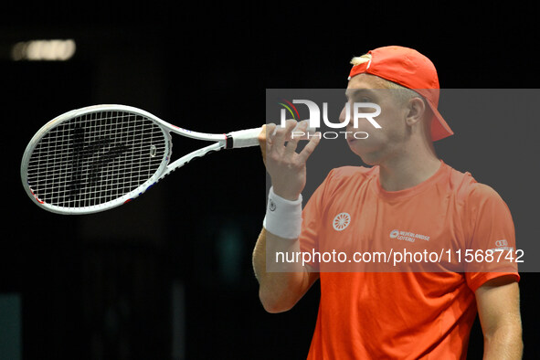 Tallon Griekspoor (NED) is in action during the 2024 Davis Cup Finals Group Stage Bologna match between the Netherlands and Brazil at Unipol...