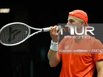 Tallon Griekspoor (NED) is in action during the 2024 Davis Cup Finals Group Stage Bologna match between the Netherlands and Brazil at Unipol...