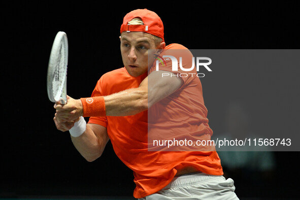 Tallon Griekspoor (NED) is in action during the 2024 Davis Cup Finals Group Stage Bologna match between the Netherlands and Brazil at Unipol...