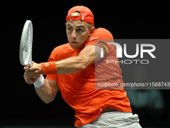 Tallon Griekspoor (NED) is in action during the 2024 Davis Cup Finals Group Stage Bologna match between the Netherlands and Brazil at Unipol...