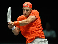 Tallon Griekspoor (NED) is in action during the 2024 Davis Cup Finals Group Stage Bologna match between the Netherlands and Brazil at Unipol...