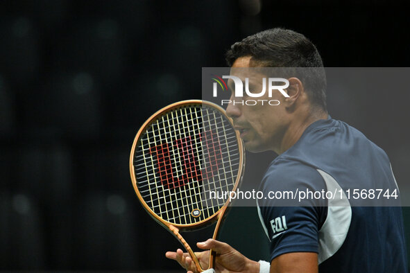 Thiago Monteiro (BRA) competes during the 2024 Davis Cup Finals Group Stage Bologna match between the Netherlands and Brazil at Unipol Arena...