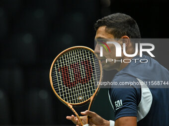 Thiago Monteiro (BRA) competes during the 2024 Davis Cup Finals Group Stage Bologna match between the Netherlands and Brazil at Unipol Arena...