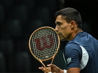 Thiago Monteiro (BRA) competes during the 2024 Davis Cup Finals Group Stage Bologna match between the Netherlands and Brazil at Unipol Arena...