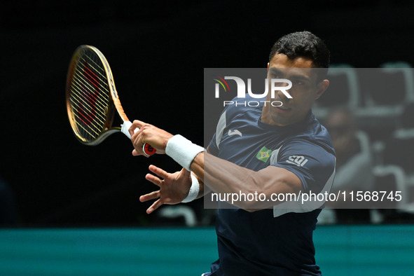 Thiago Monteiro (BRA) competes during the 2024 Davis Cup Finals Group Stage Bologna match between the Netherlands and Brazil at Unipol Arena...