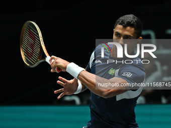 Thiago Monteiro (BRA) competes during the 2024 Davis Cup Finals Group Stage Bologna match between the Netherlands and Brazil at Unipol Arena...