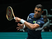 Thiago Monteiro (BRA) competes during the 2024 Davis Cup Finals Group Stage Bologna match between the Netherlands and Brazil at Unipol Arena...