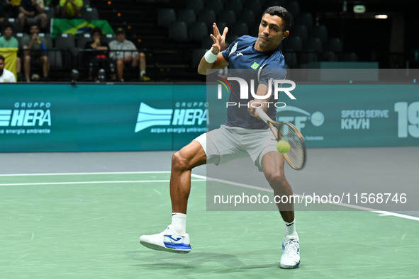 Thiago Monteiro (BRA) competes during the 2024 Davis Cup Finals Group Stage Bologna match between the Netherlands and Brazil at Unipol Arena...