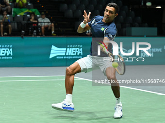 Thiago Monteiro (BRA) competes during the 2024 Davis Cup Finals Group Stage Bologna match between the Netherlands and Brazil at Unipol Arena...