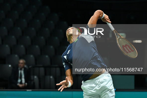 Thiago Monteiro (BRA) competes during the 2024 Davis Cup Finals Group Stage Bologna match between the Netherlands and Brazil at Unipol Arena...