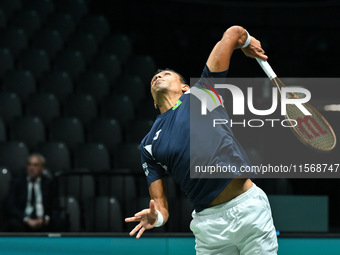 Thiago Monteiro (BRA) competes during the 2024 Davis Cup Finals Group Stage Bologna match between the Netherlands and Brazil at Unipol Arena...