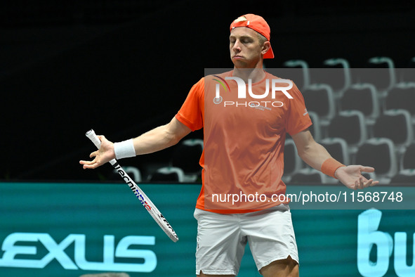 Tallon Griekspoor (NED) is in action during the 2024 Davis Cup Finals Group Stage Bologna match between the Netherlands and Brazil at Unipol...