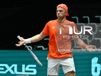 Tallon Griekspoor (NED) is in action during the 2024 Davis Cup Finals Group Stage Bologna match between the Netherlands and Brazil at Unipol...