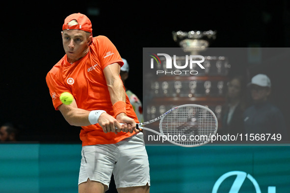 Tallon Griekspoor (NED) is in action during the 2024 Davis Cup Finals Group Stage Bologna match between the Netherlands and Brazil at Unipol...