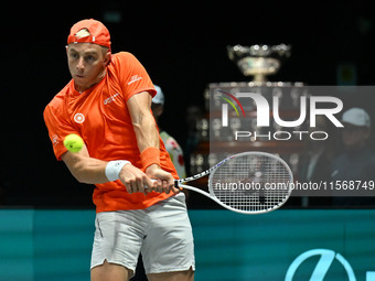 Tallon Griekspoor (NED) is in action during the 2024 Davis Cup Finals Group Stage Bologna match between the Netherlands and Brazil at Unipol...