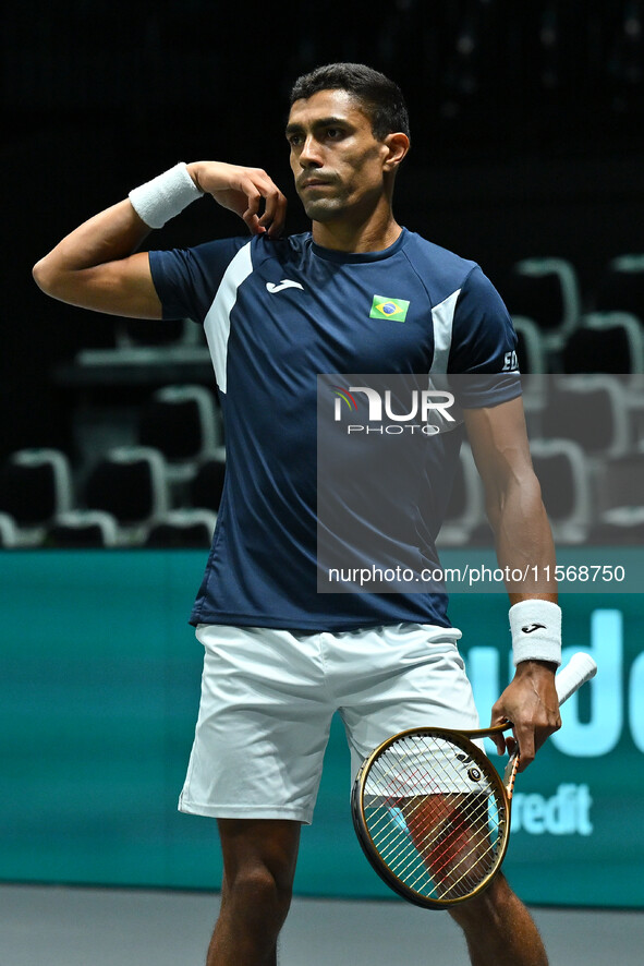 Thiago Monteiro (BRA) competes during the 2024 Davis Cup Finals Group Stage Bologna match between the Netherlands and Brazil at Unipol Arena...