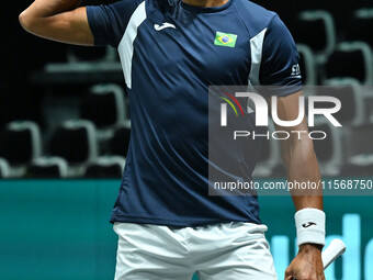 Thiago Monteiro (BRA) competes during the 2024 Davis Cup Finals Group Stage Bologna match between the Netherlands and Brazil at Unipol Arena...