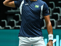 Thiago Monteiro (BRA) competes during the 2024 Davis Cup Finals Group Stage Bologna match between the Netherlands and Brazil at Unipol Arena...