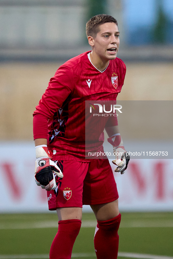 Roksana Shahanska, goalkeeper of Crvena Zvezda, gestures during the UEFA Women's Champions League First qualifying round, Semi-finals CP-Gro...