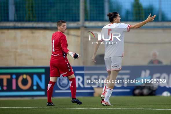 Roksana Shahanska (L), goalkeeper of Crvena Zvezda, and Andela Milovanovic (R) of Crvena Zvezda during the UEFA Women's Champions League Fir...