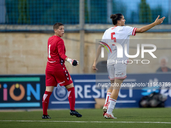 Roksana Shahanska (L), goalkeeper of Crvena Zvezda, and Andela Milovanovic (R) of Crvena Zvezda during the UEFA Women's Champions League Fir...