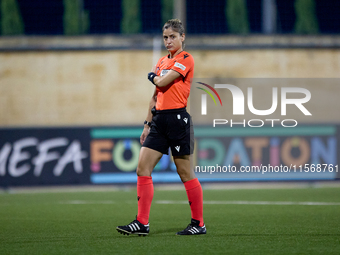 Martina Molinaro, the UEFA-appointed fourth official, stands prior to the UEFA Women's Champions League First qualifying round, Semi-finals...