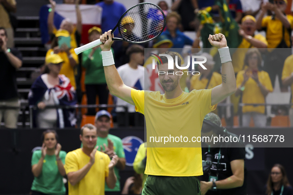 Thanasi Kokkinakis participates in the Davis Cup match between Czechia and Australia in Valencia, Spain, on September 12, 2023. 