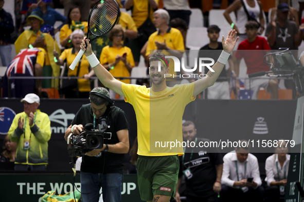 Thanasi Kokkinakis participates in the Davis Cup match between Czechia and Australia in Valencia, Spain, on September 12, 2023. 