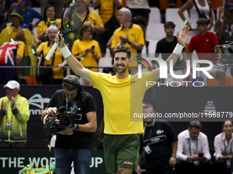 Thanasi Kokkinakis participates in the Davis Cup match between Czechia and Australia in Valencia, Spain, on September 12, 2023. (