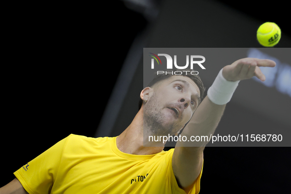 Thanasi Kokkinakis participates in the Davis Cup match between Czechia and Australia in Valencia, Spain, on September 12, 2023. 