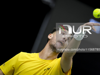 Thanasi Kokkinakis participates in the Davis Cup match between Czechia and Australia in Valencia, Spain, on September 12, 2023. (