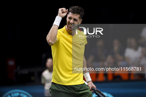 Thanasi Kokkinakis participates in the Davis Cup match between Czechia and Australia in Valencia, Spain, on September 12, 2023. 