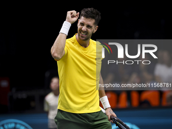 Thanasi Kokkinakis participates in the Davis Cup match between Czechia and Australia in Valencia, Spain, on September 12, 2023. (