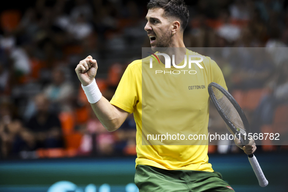 Thanasi Kokkinakis participates in the Davis Cup match between Czechia and Australia in Valencia, Spain, on September 12, 2023. 