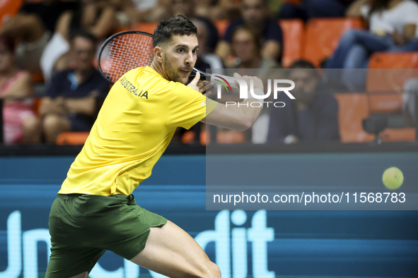 Thanasi Kokkinakis participates in the Davis Cup match between Czechia and Australia in Valencia, Spain, on September 12, 2023. 