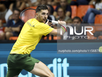 Thanasi Kokkinakis participates in the Davis Cup match between Czechia and Australia in Valencia, Spain, on September 12, 2023. (