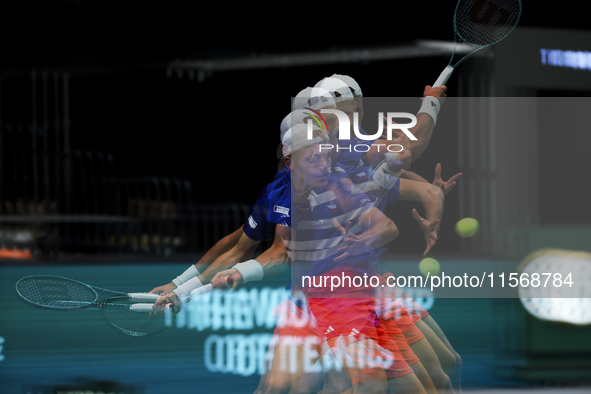 Jakub Mensik participates in the Davis Cup match between Czechia and Australia in Valencia, Spain, on September 12, 2023. 