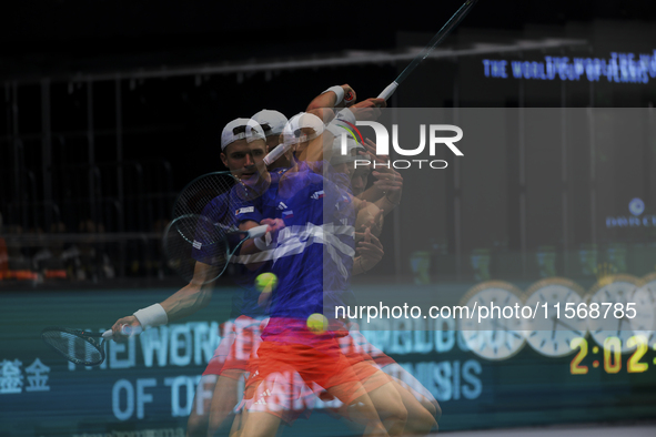 Jakub Mensik participates in the Davis Cup match between Czechia and Australia in Valencia, Spain, on September 12, 2023. 