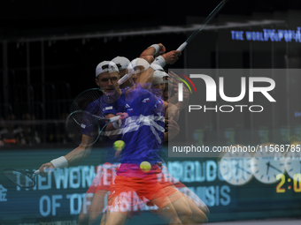 Jakub Mensik participates in the Davis Cup match between Czechia and Australia in Valencia, Spain, on September 12, 2023. (