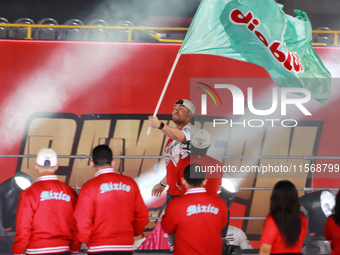 A Diablos Rojos del Mexico fan waves a flag to celebrate the Diablos Rojos' 17th championship of the Mexican Baseball League (LMB) during th...