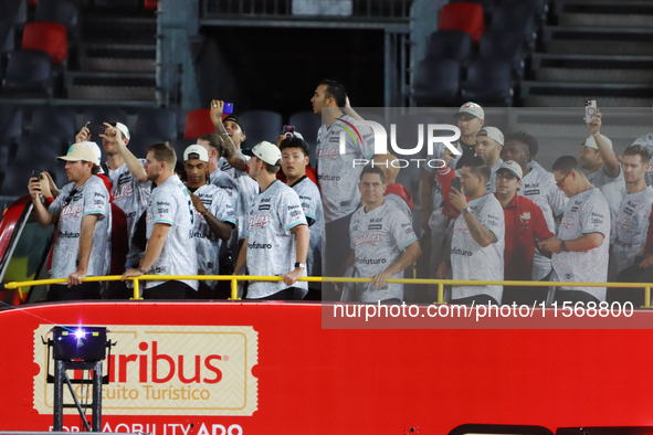 Team Diablos Rojos del Mexico celebrates the 17th championship of the Mexican Baseball League (LMB) during the victory parade at the Alfredo...