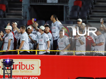 Team Diablos Rojos del Mexico celebrates the 17th championship of the Mexican Baseball League (LMB) during the victory parade at the Alfredo...