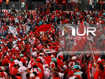 Diablos Rojos del Mexico fans celebrate the Diablos Rojos' 17th championship of the Mexican Baseball League (LMB) during the victory parade...