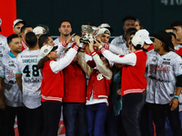 Team Diablos Rojos del Mexico celebrates the 17th championship of the Mexican Baseball League (LMB) during the victory parade at the Alfredo...