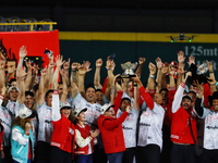 Team Diablos Rojos del Mexico celebrates the 17th championship of the Mexican Baseball League (LMB) during the victory parade at the Alfredo...