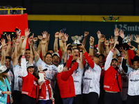 Team Diablos Rojos del Mexico celebrates the 17th championship of the Mexican Baseball League (LMB) during the victory parade at the Alfredo...