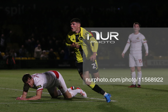 Ellis Taylor celebrates his goal during the Sky Bet League 2 match between Harrogate Town and Doncaster Rovers at Wetherby Road in Harrogate...