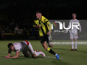 Ellis Taylor celebrates his goal during the Sky Bet League 2 match between Harrogate Town and Doncaster Rovers at Wetherby Road in Harrogate...